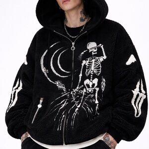Black Hooded Jacket with Skeleton Design Size Large Men